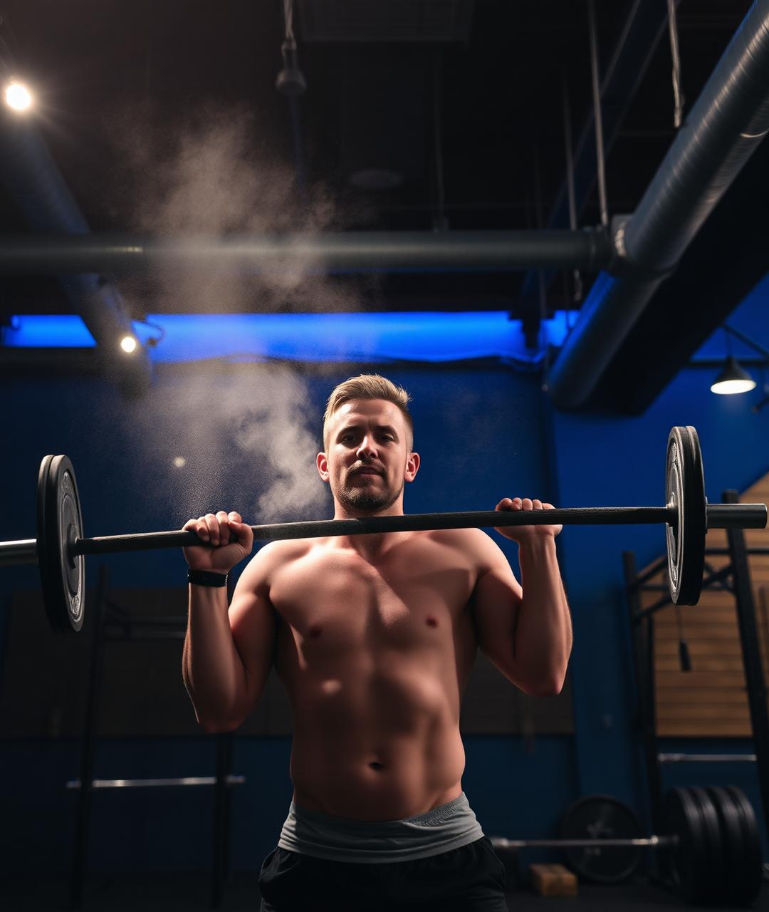 Atleta de CrossFit levantando barra com chalk no ar dentro de box industrial