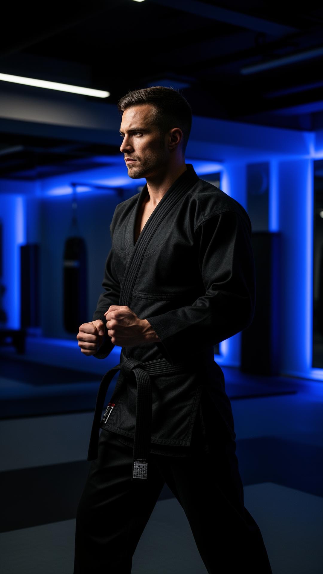 Lutador de artes marciais com kimono preto e faixa preta em dojô moderno