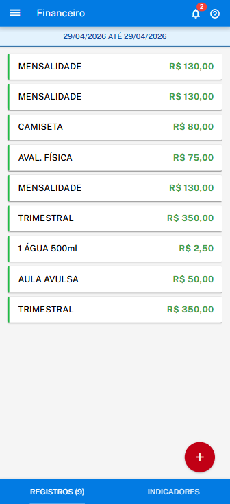 Tela financeira do app Só Treino exibindo lançamentos de mensalidades e pagamentos